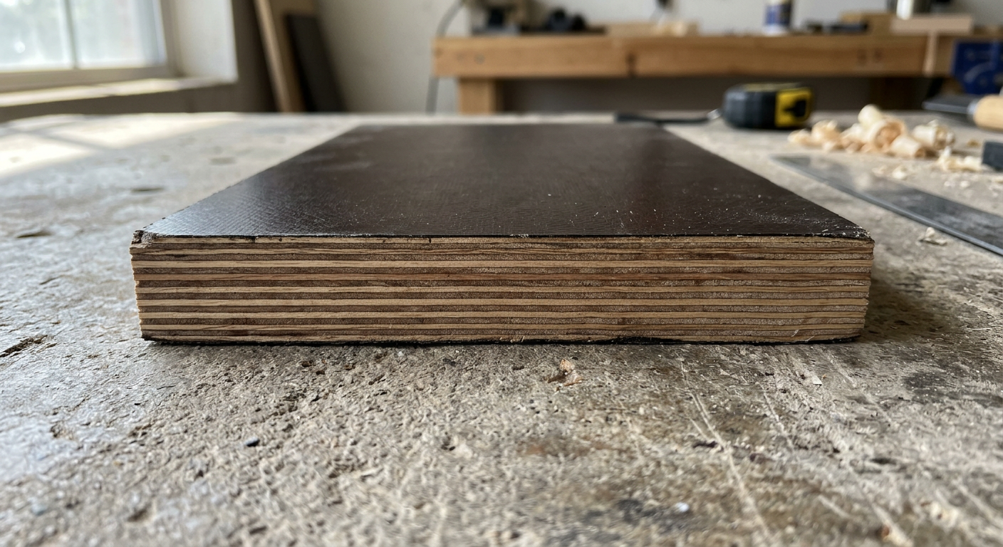 Cross-section of film-faced plywood showing phenolic resin film layer and veneer core plies