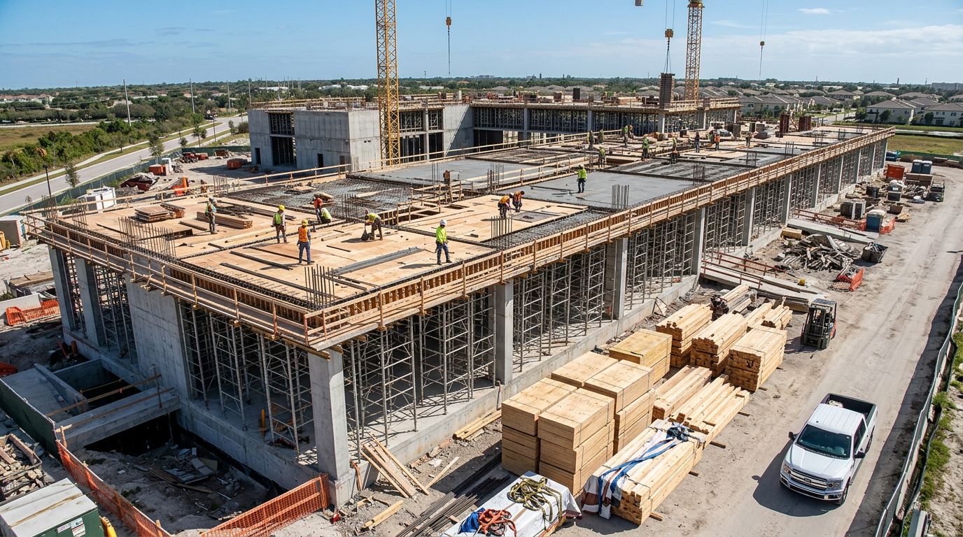 Large commercial construction site with concrete slab formwork and stacked plywood panels