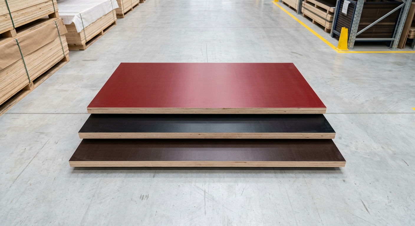 Three stacked film-faced plywood sheets in different film colours including brown and black